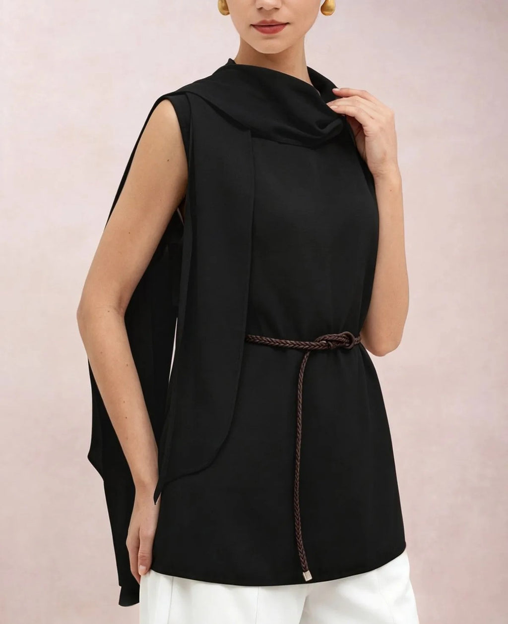 Black Asymmetric Draped Scarf‑Tie Neck Sleeveless Blouse