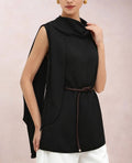 Black Asymmetric Draped Scarf‑Tie Neck Sleeveless Blouse