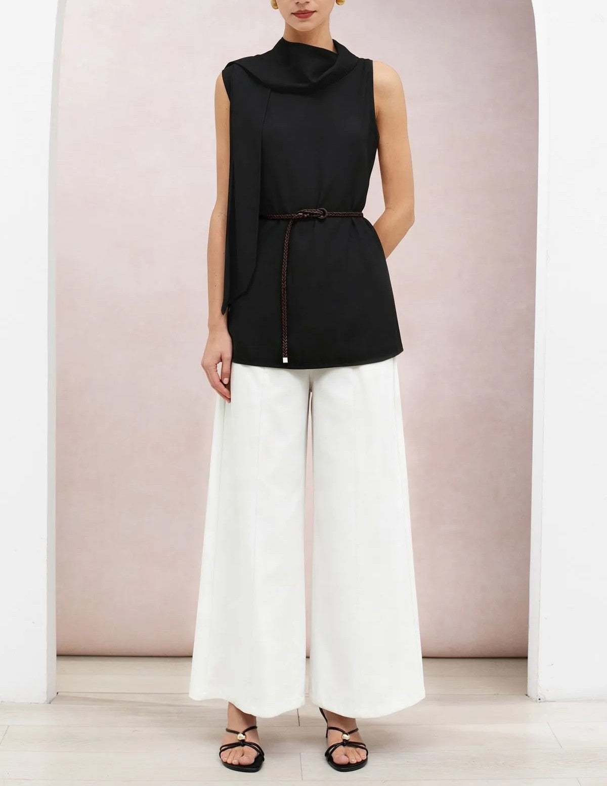 Black Asymmetric Draped Scarf‑Tie Neck Sleeveless Blouse