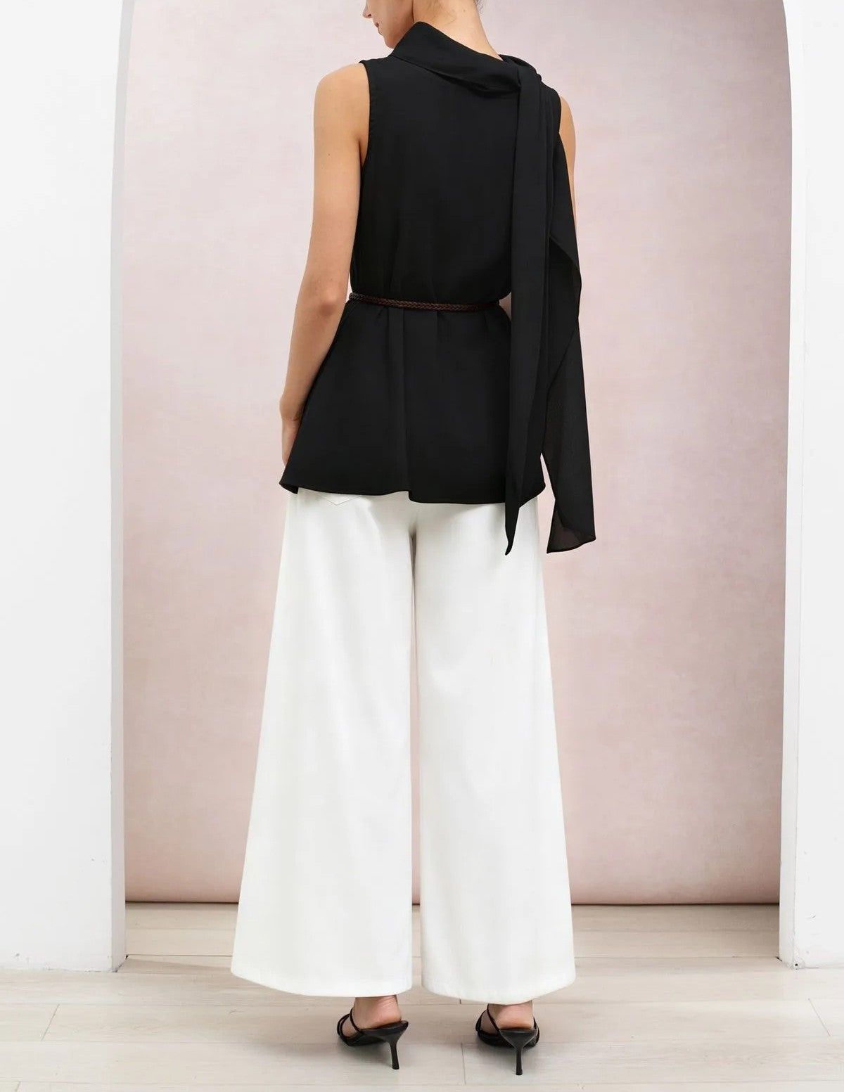 Black Asymmetric Draped Scarf‑Tie Neck Sleeveless Blouse