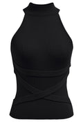 Black Crisscross Strap Halter Neck Sleeveless Ribbed Knit Top