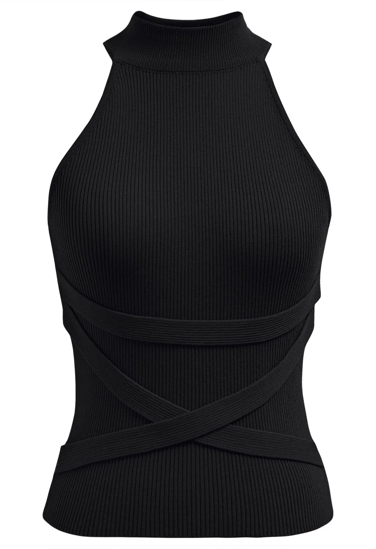 Black Crisscross Strap Halter Neck Sleeveless Ribbed Knit Top