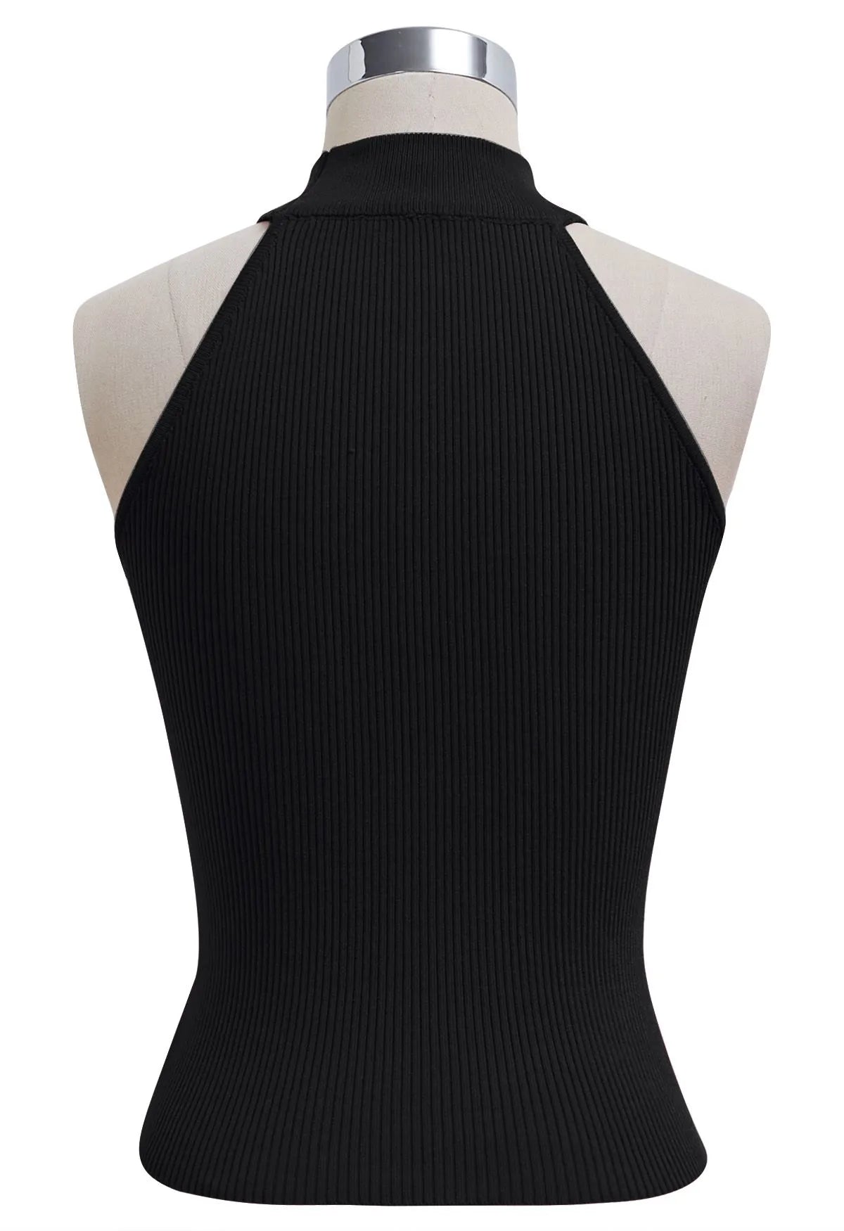 Black Crisscross Strap Halter Neck Sleeveless Ribbed Knit Top