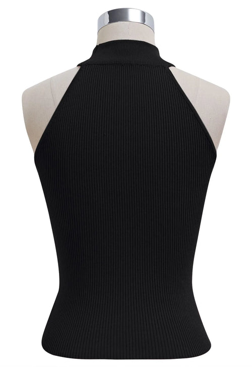 Black Crisscross Strap Halter Neck Sleeveless Ribbed Knit Top