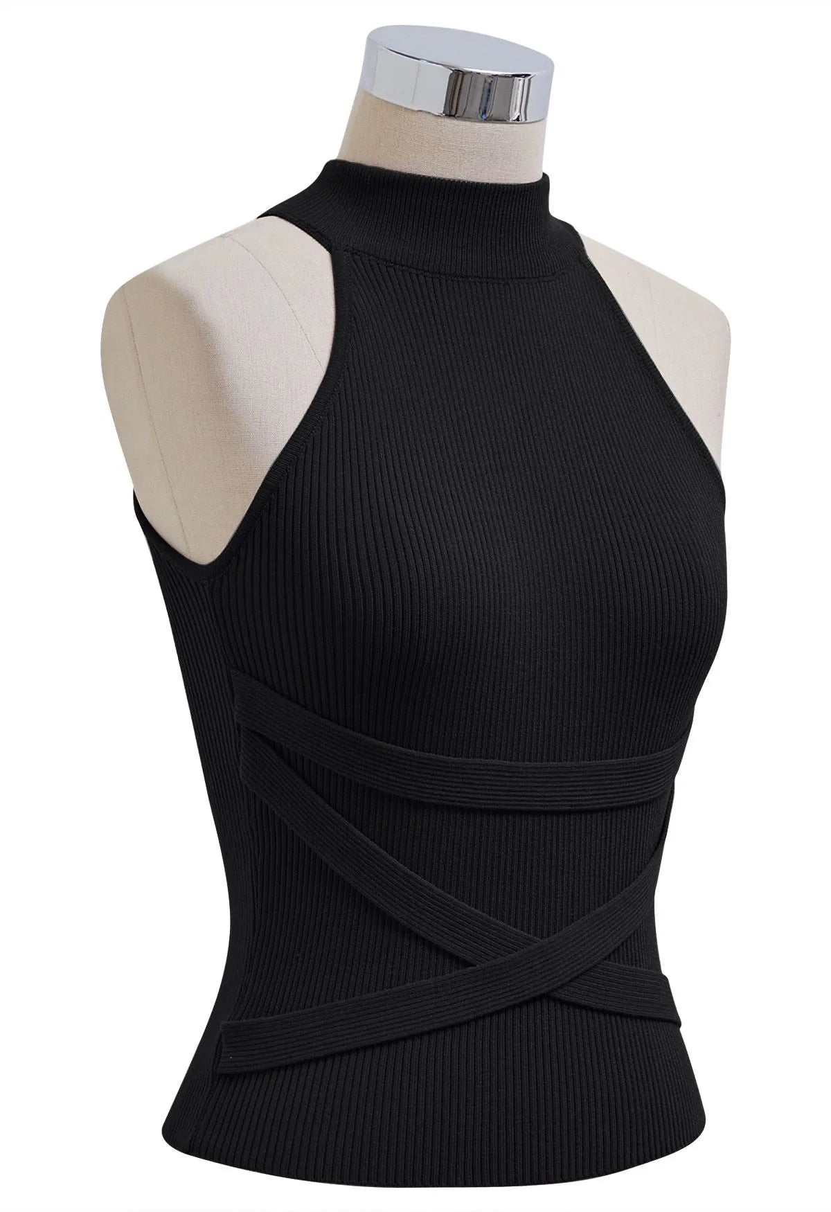 Black Crisscross Strap Halter Neck Sleeveless Ribbed Knit Top
