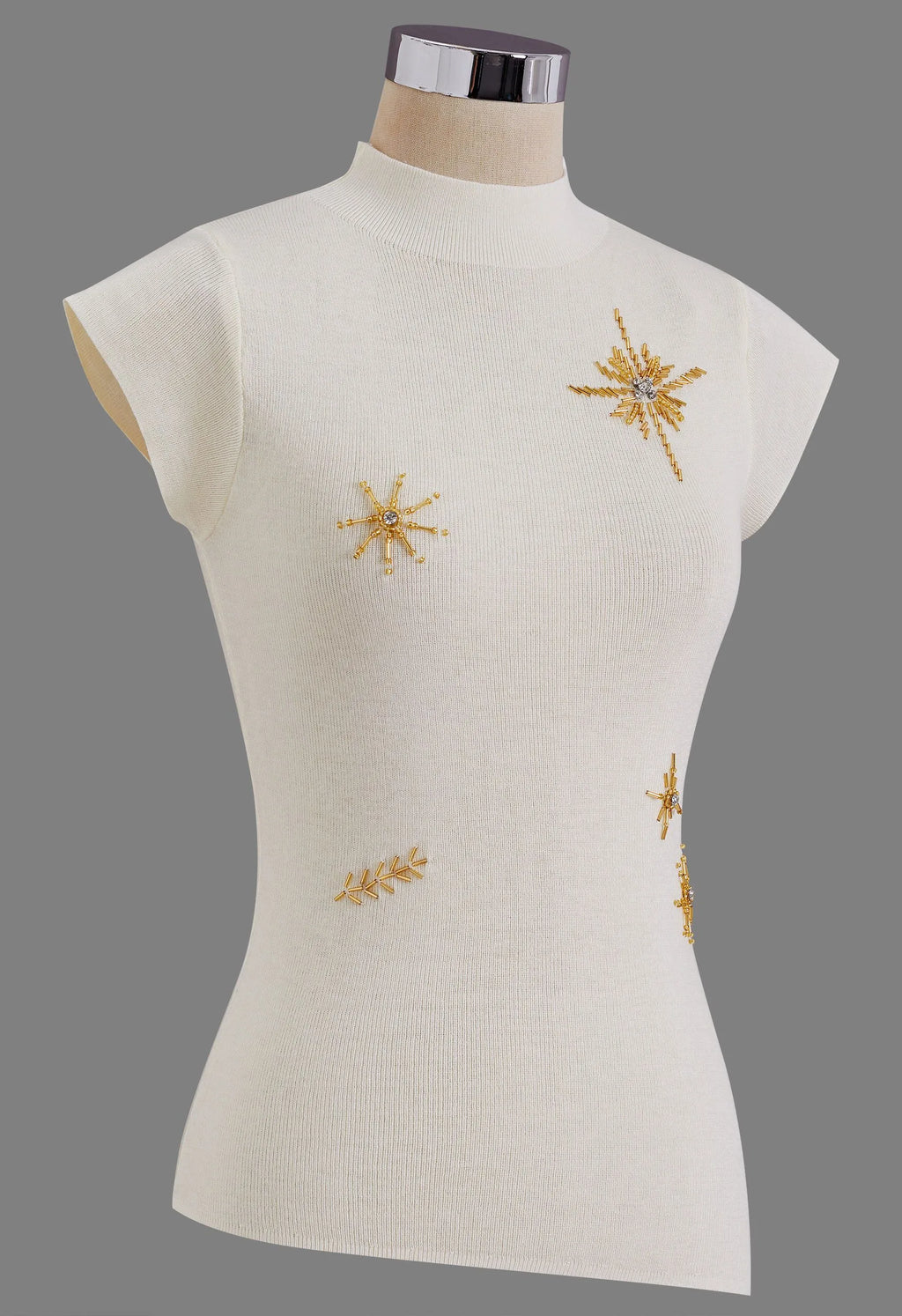 Ivory Firework Beaded Rhinestone Mock Neck Cap Sleeve Knit Top