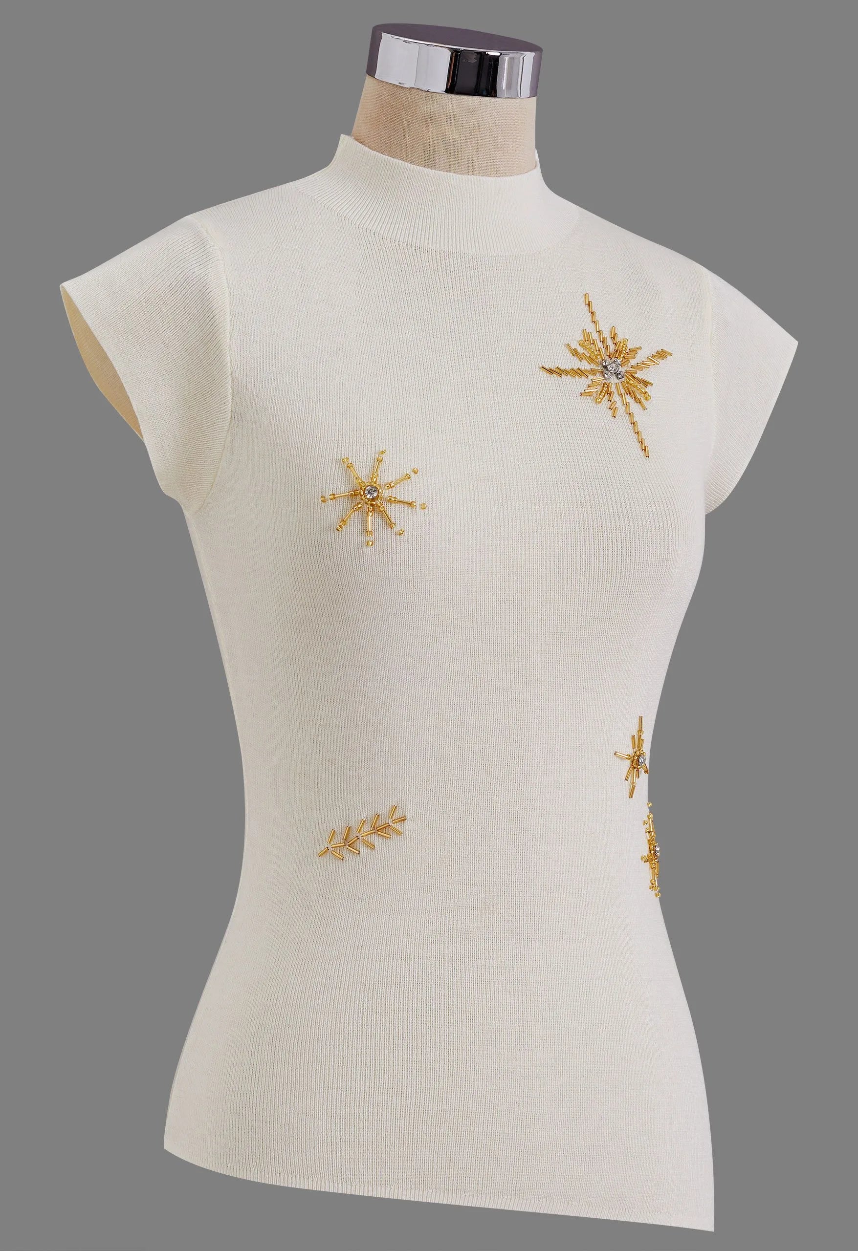 Ivory Firework Beaded Rhinestone Mock Neck Cap Sleeve Knit Top
