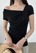 Black Multi‑Wear Off‑Shoulder Asymmetrical Ruched Short Sleeve Top