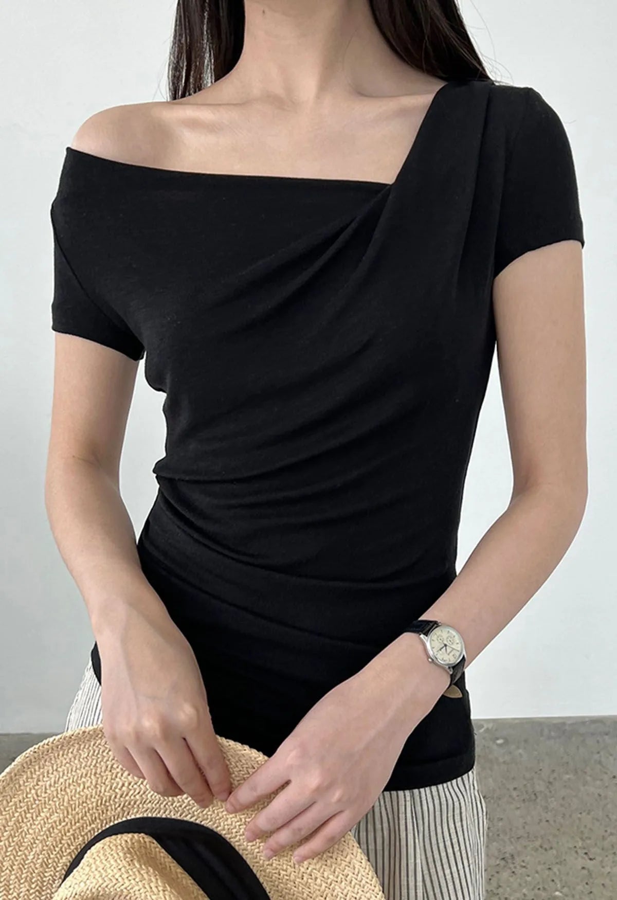 Black Multi‑Wear Off‑Shoulder Asymmetrical Ruched Short Sleeve Top