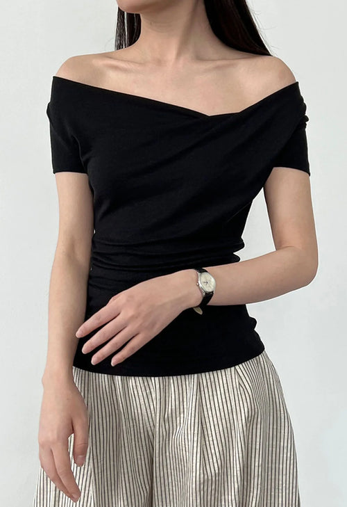 Black Multi‑Wear Off‑Shoulder Asymmetrical Ruched Short Sleeve Top