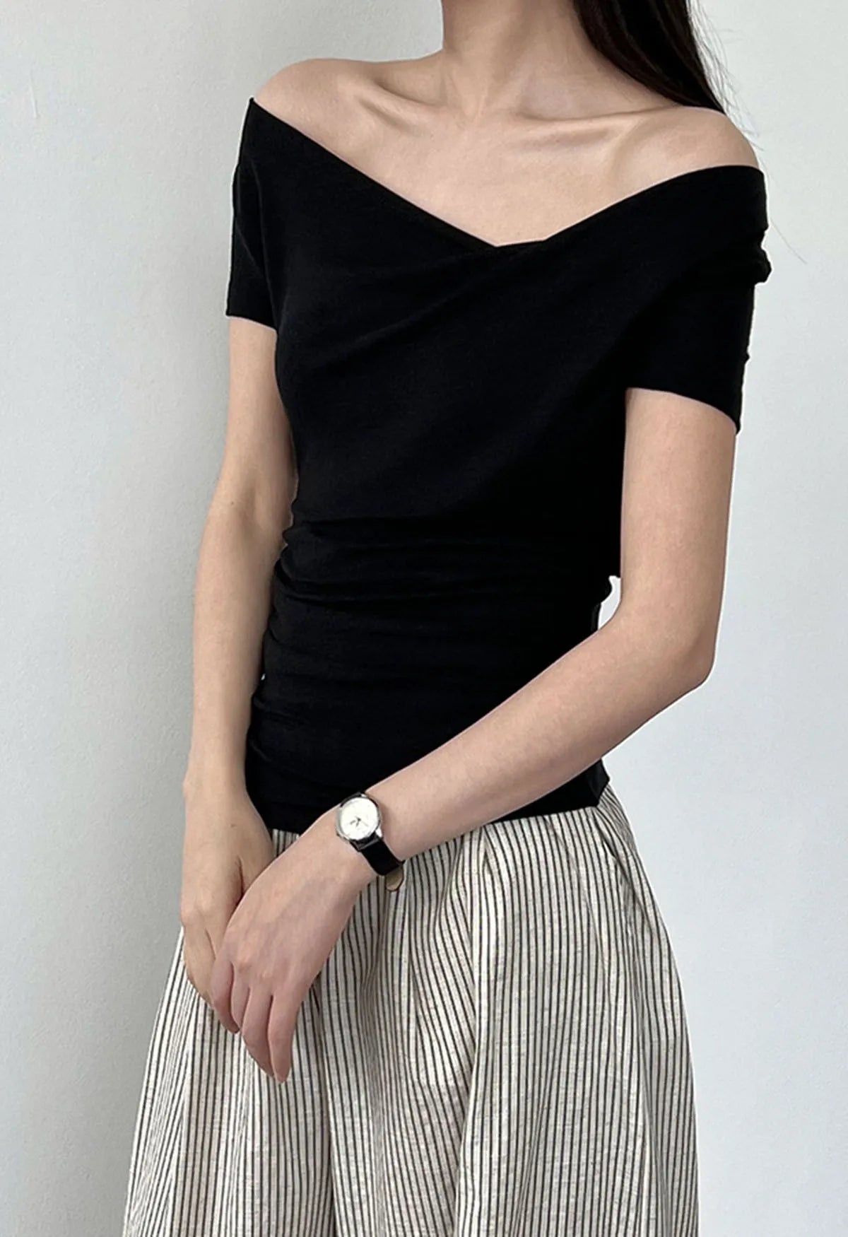 Black Multi‑Wear Off‑Shoulder Asymmetrical Ruched Short Sleeve Top