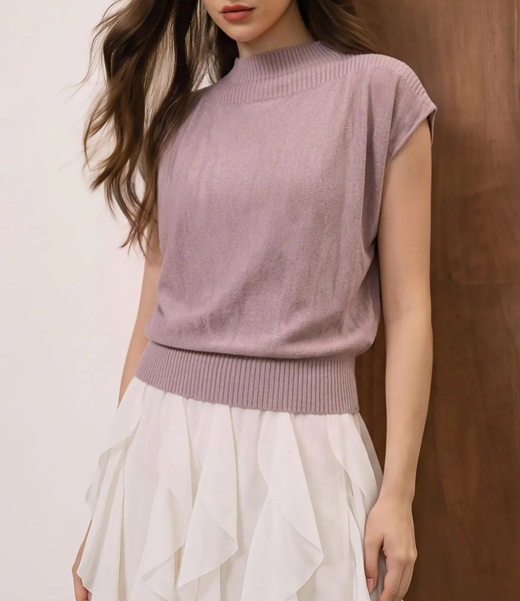 Mauve Relaxed Mock Neck Cap Sleeve Ribbed Knit Top