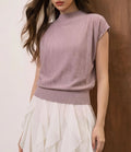Mauve Relaxed Mock Neck Cap Sleeve Ribbed Knit Top