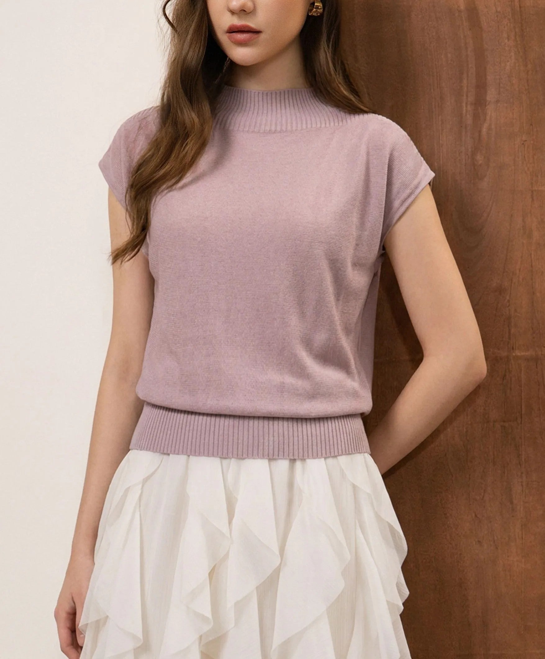 Mauve Relaxed Mock Neck Cap Sleeve Ribbed Knit Top