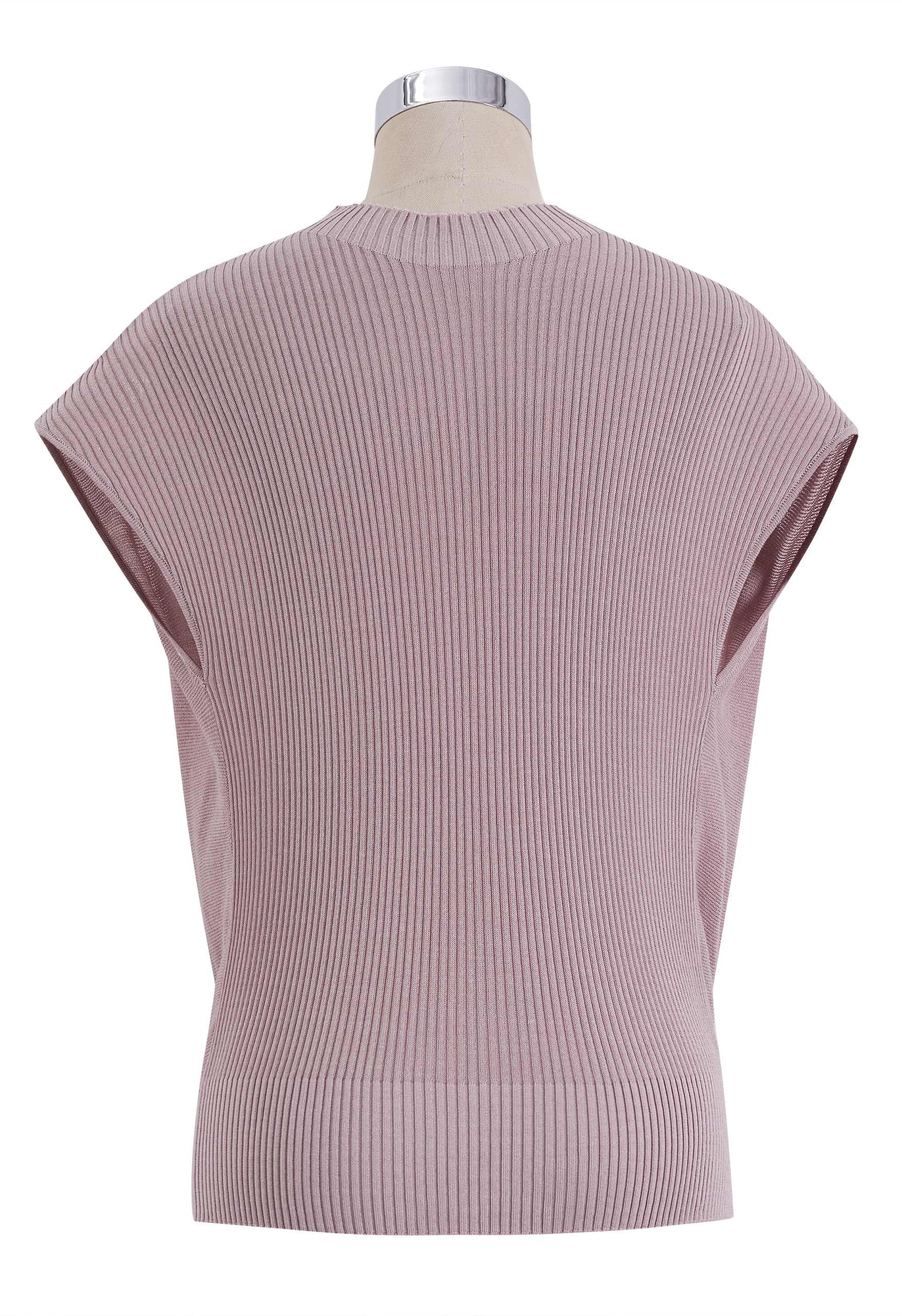 Mauve Relaxed Mock Neck Cap Sleeve Ribbed Knit Top
