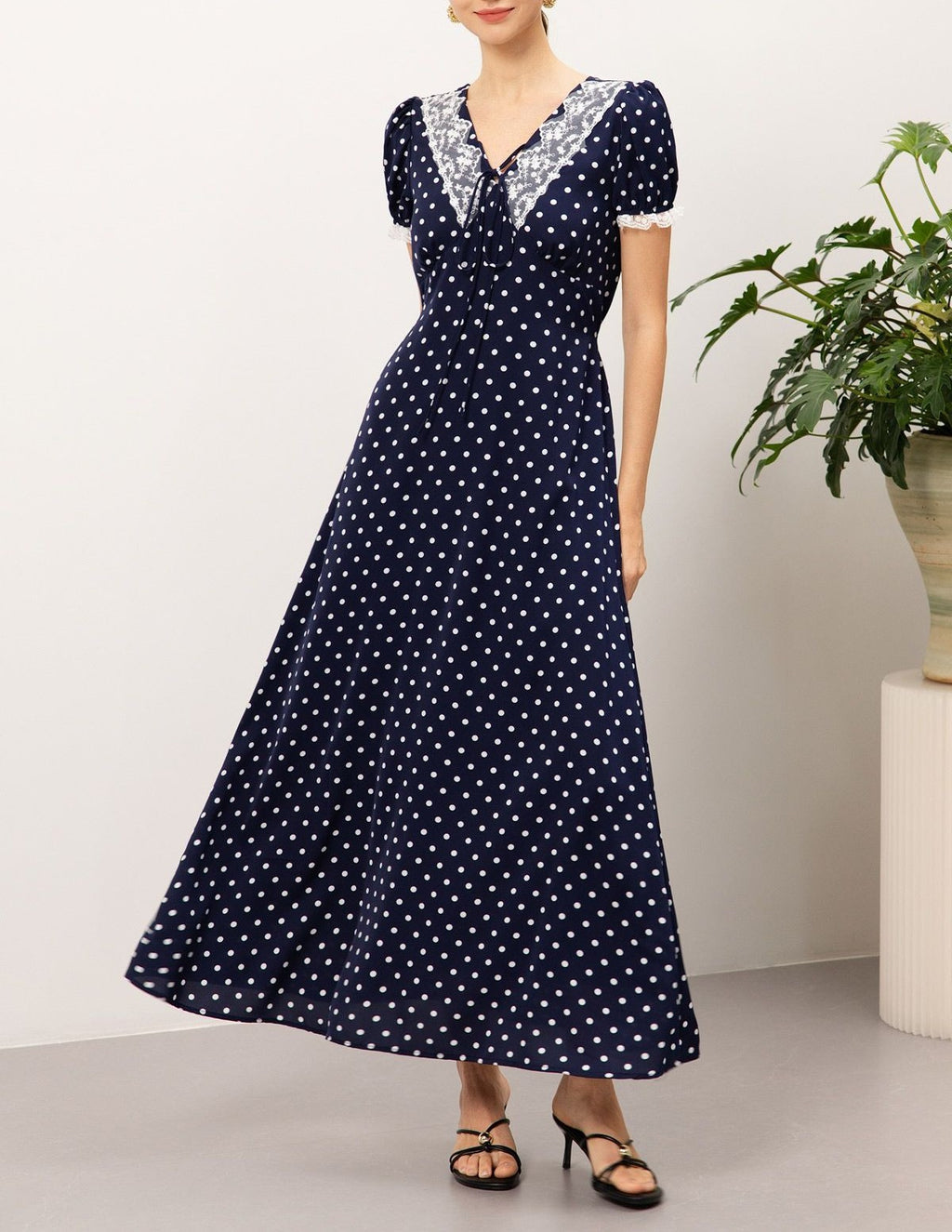 Navy Polka Dot Lace Inset Tie‑Back Puff Sleeve Maxi Dress