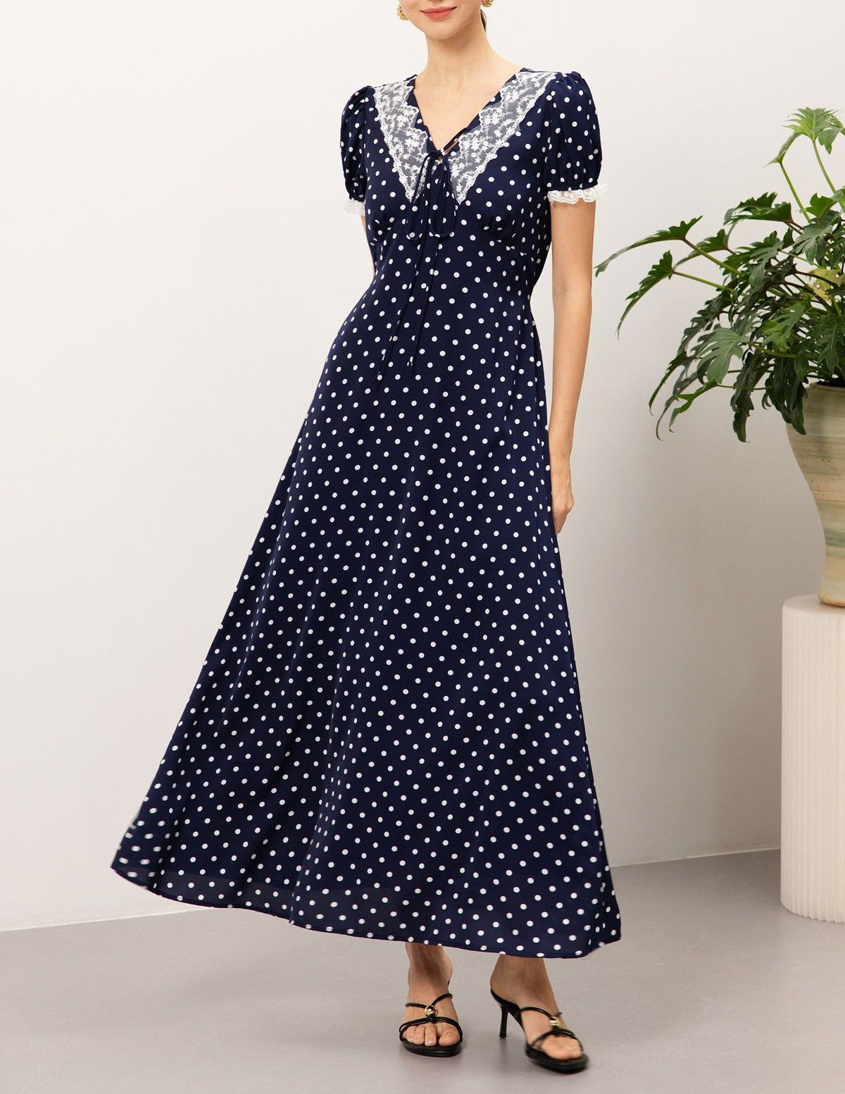 Navy Polka Dot Lace Inset Tie‑Back Puff Sleeve Maxi Dress