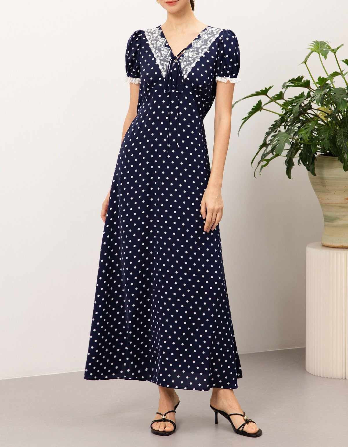 Navy Polka Dot Lace Inset Tie‑Back Puff Sleeve Maxi Dress