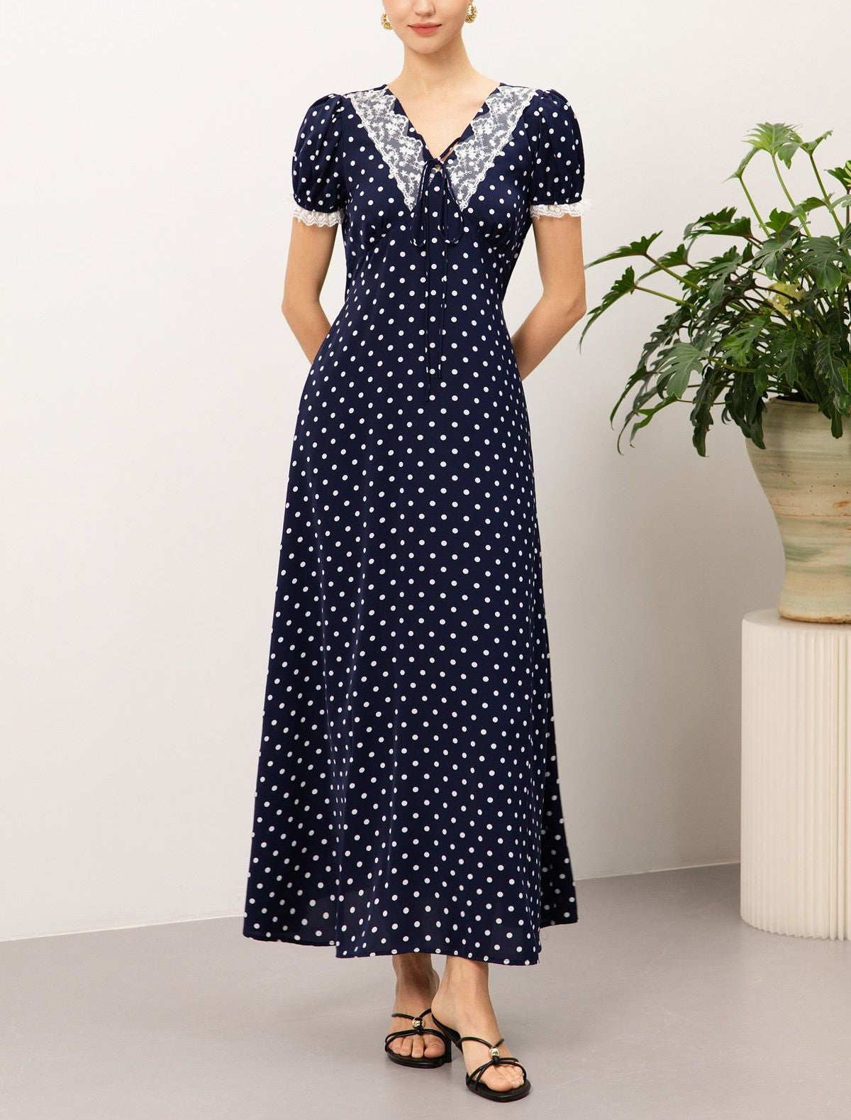 Navy Polka Dot Lace Inset Tie‑Back Puff Sleeve Maxi Dress