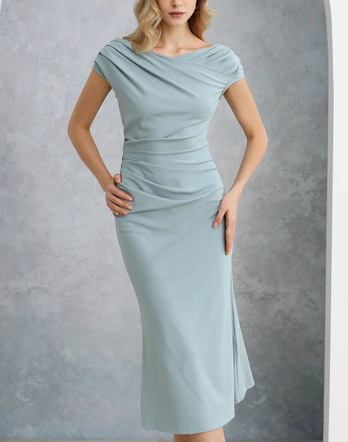 Dusty Blue Crisscross Neck Ruched Midi Mermaid Dress