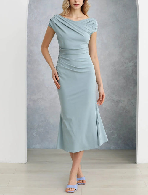 Dusty Blue Crisscross Neck Ruched Midi Mermaid Dress