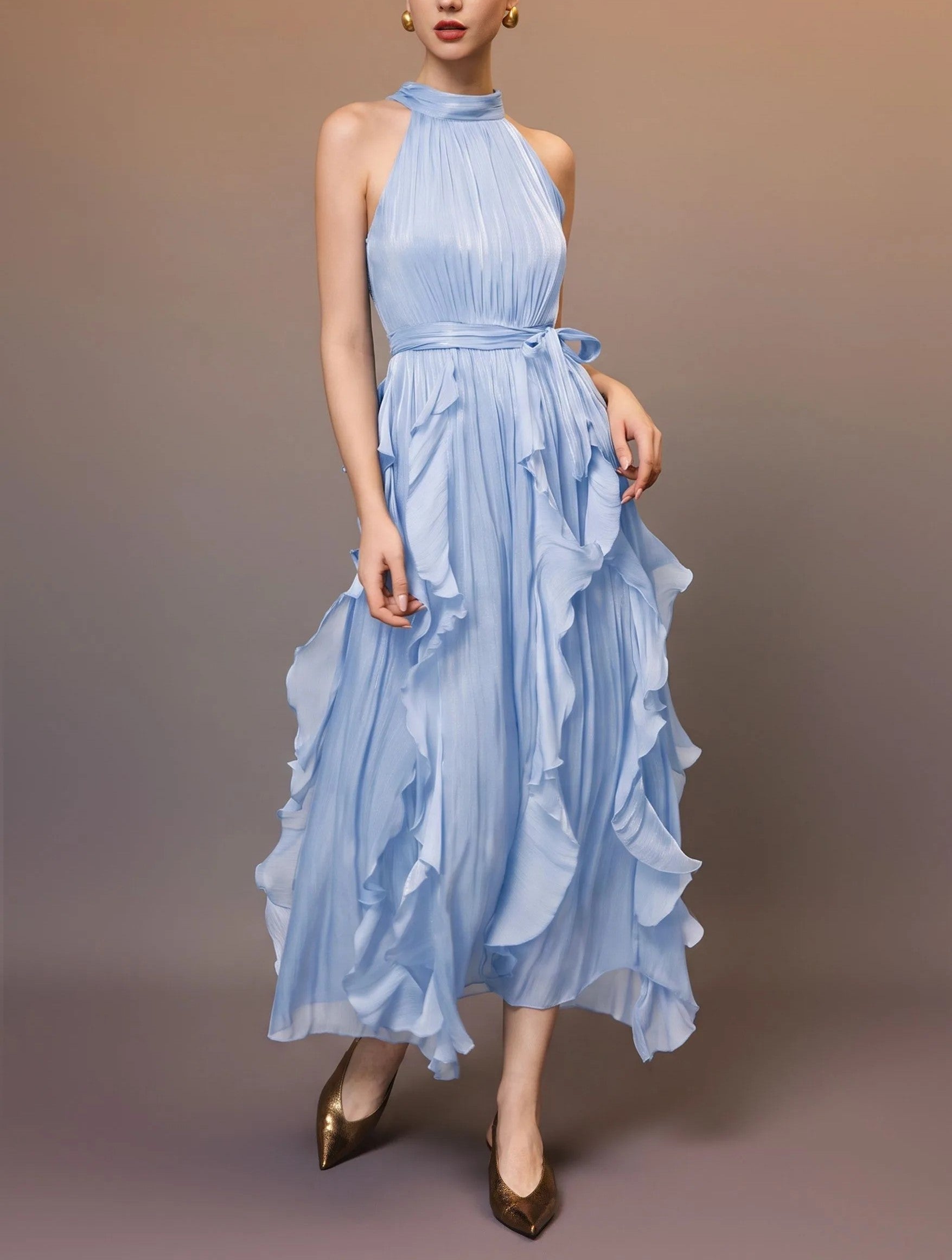 Sky Blue Iridescent Cascading Ruffle Tie‑Waist Halter Sleeveless Maxi Dress