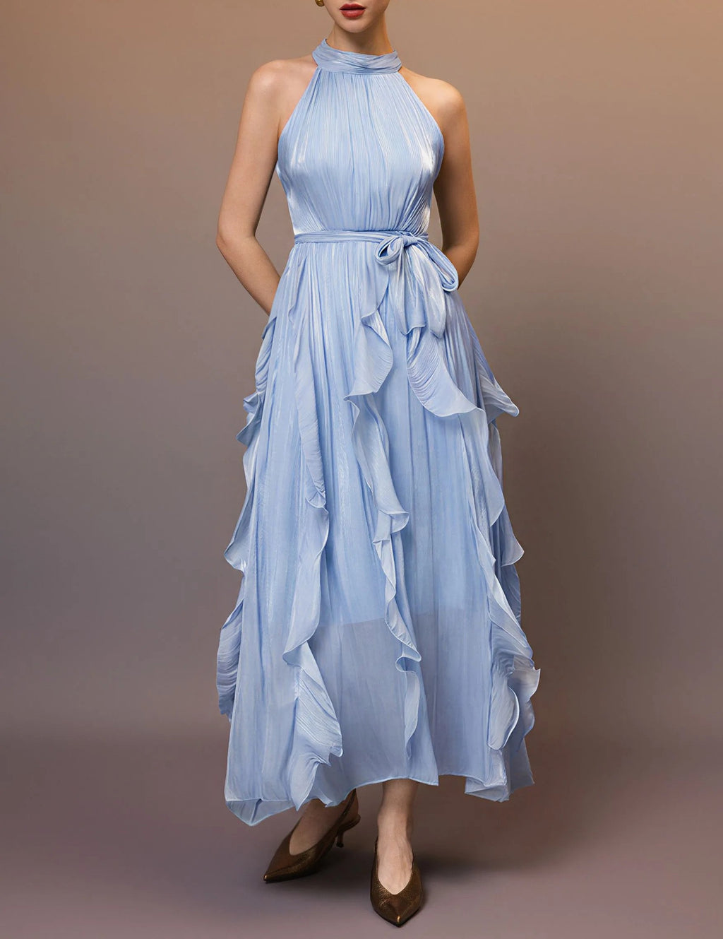 Sky Blue Iridescent Cascading Ruffle Tie‑Waist Halter Sleeveless Maxi Dress