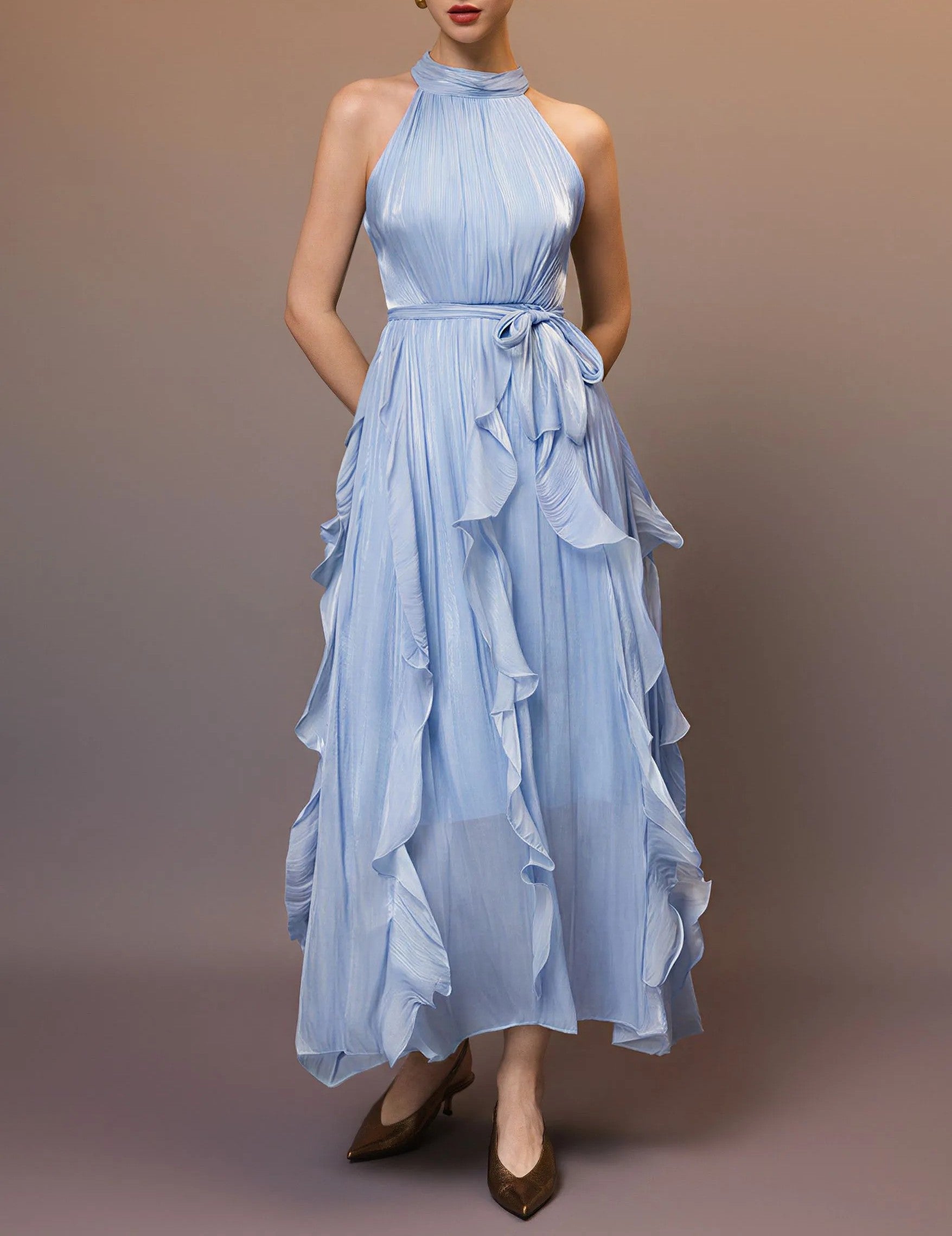 Sky Blue Iridescent Cascading Ruffle Tie‑Waist Halter Sleeveless Maxi Dress