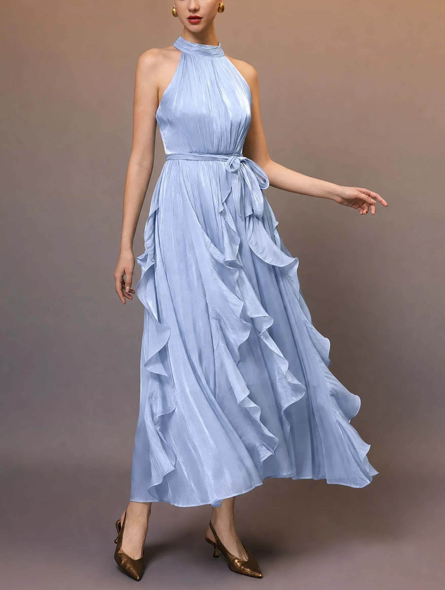 Sky Blue Iridescent Cascading Ruffle Tie‑Waist Halter Sleeveless Maxi Dress